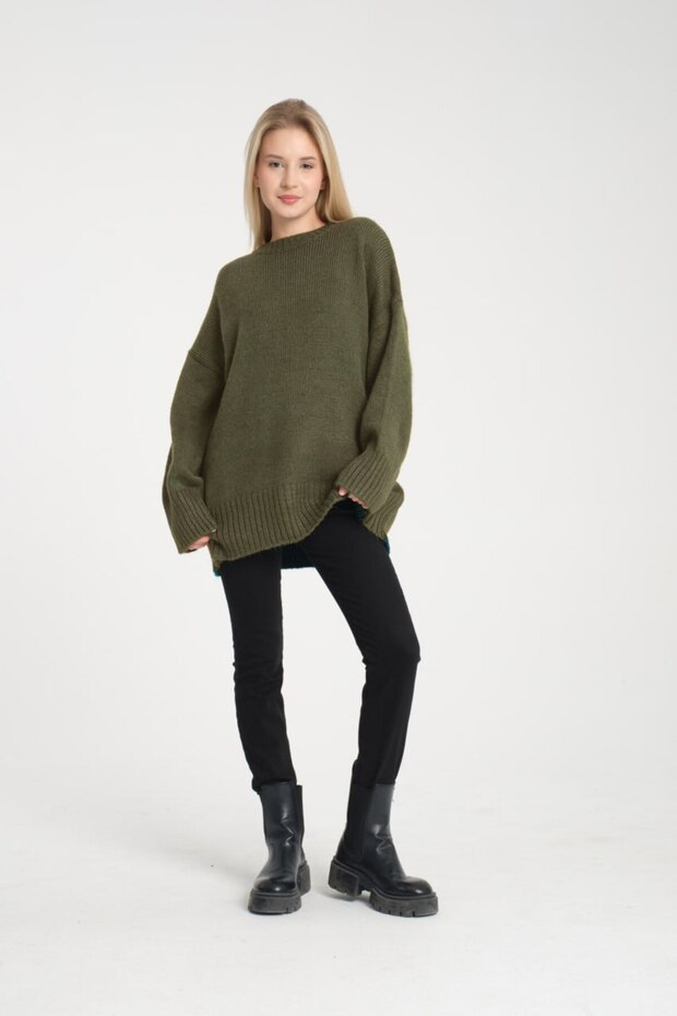 Oversize Basic Haki Uzun Kadın Kazak - 6