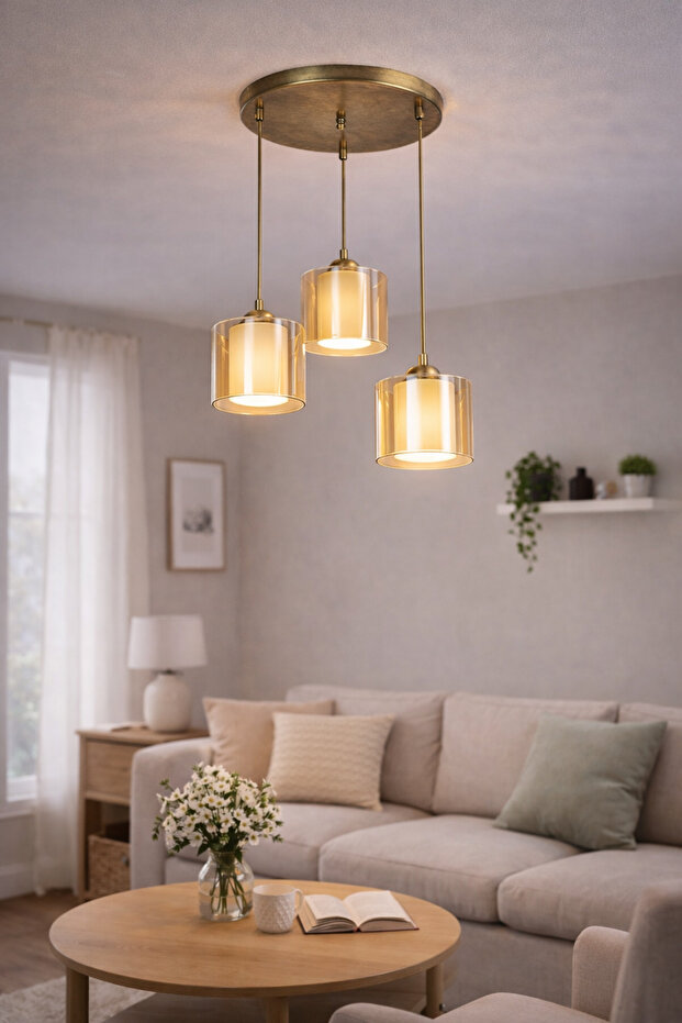 Sarkit Çiftcam 3'lü Sarkit Eskitme Modern Avize - 1