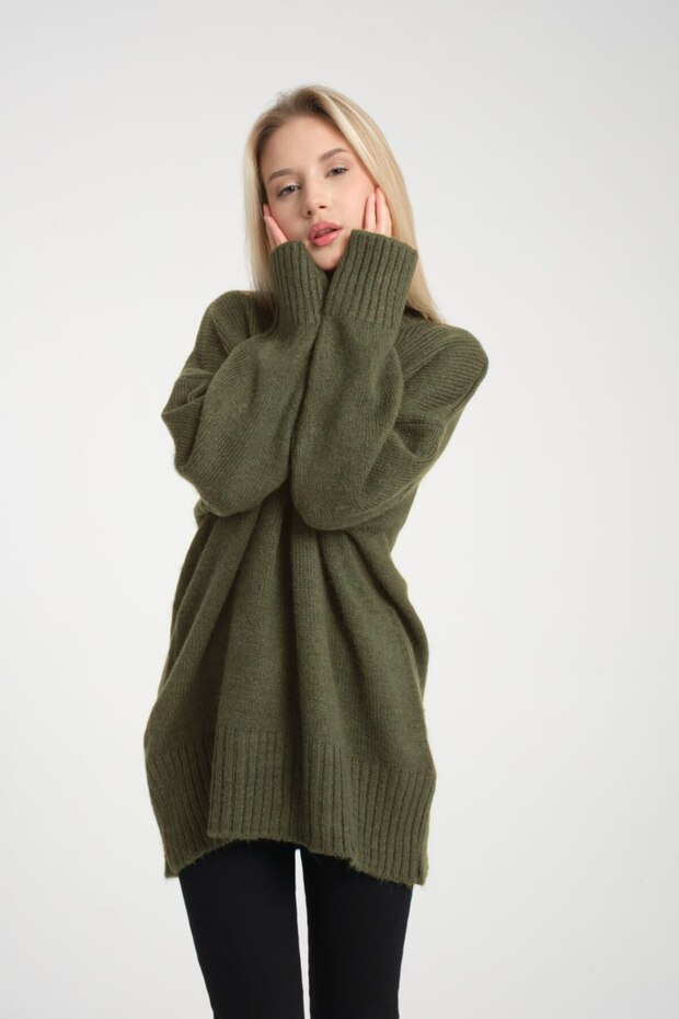 Oversize Basic Haki Uzun Kadın Kazak - 8