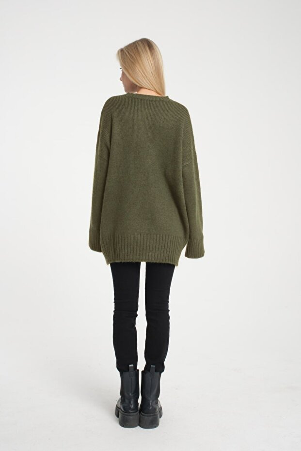 Oversize Basic Haki Uzun Kadın Kazak - 3