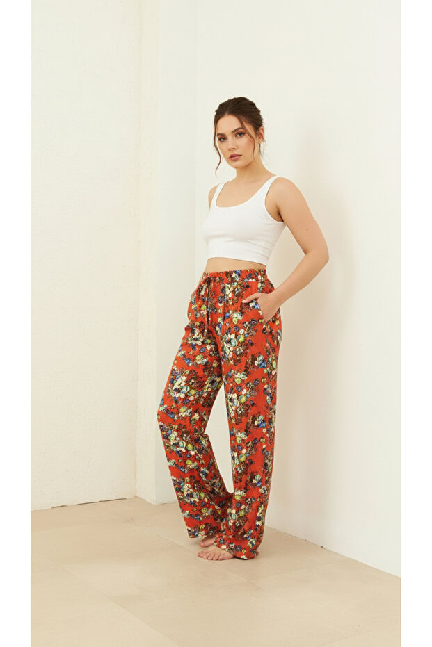 Orange Patterned Wide Leg Trousers - 1
