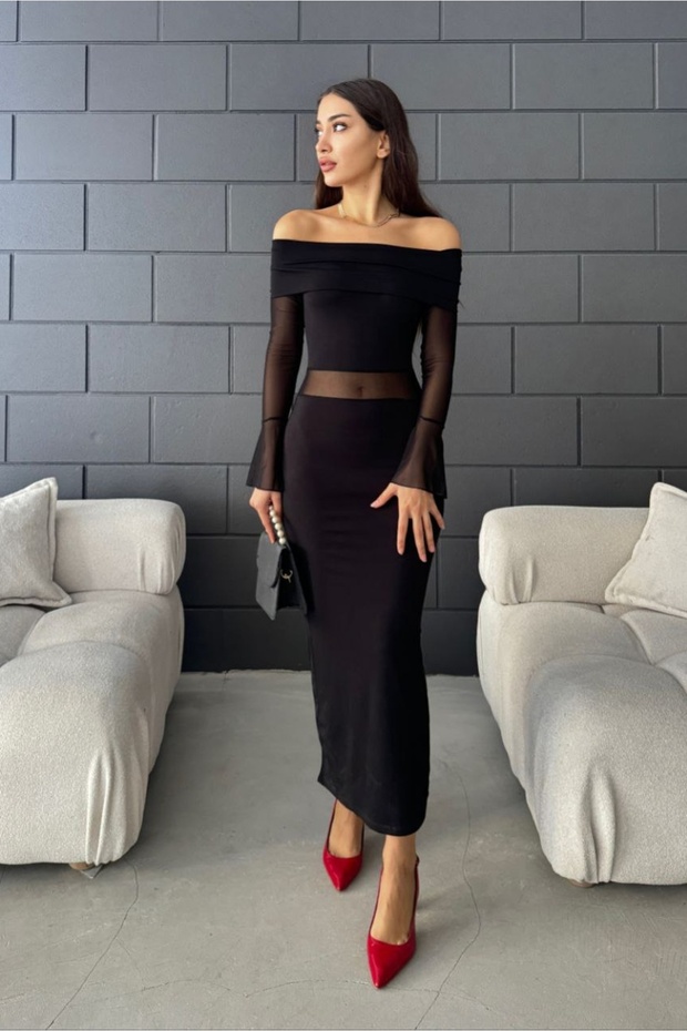 Women's Madonna Collar Slit Tulle Detailed Long Dress Black