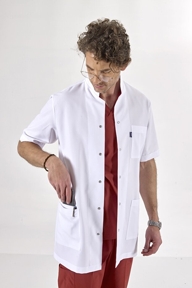 White Medium Length, Short Sleeve, Judge Collar, Doctor's Apron