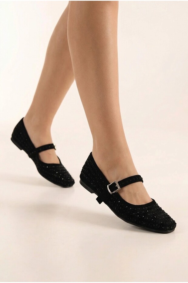 حذاء باليرينا نسائي يومي بكعب رفيع وحزام بتصميم الحجر الأسود - 3