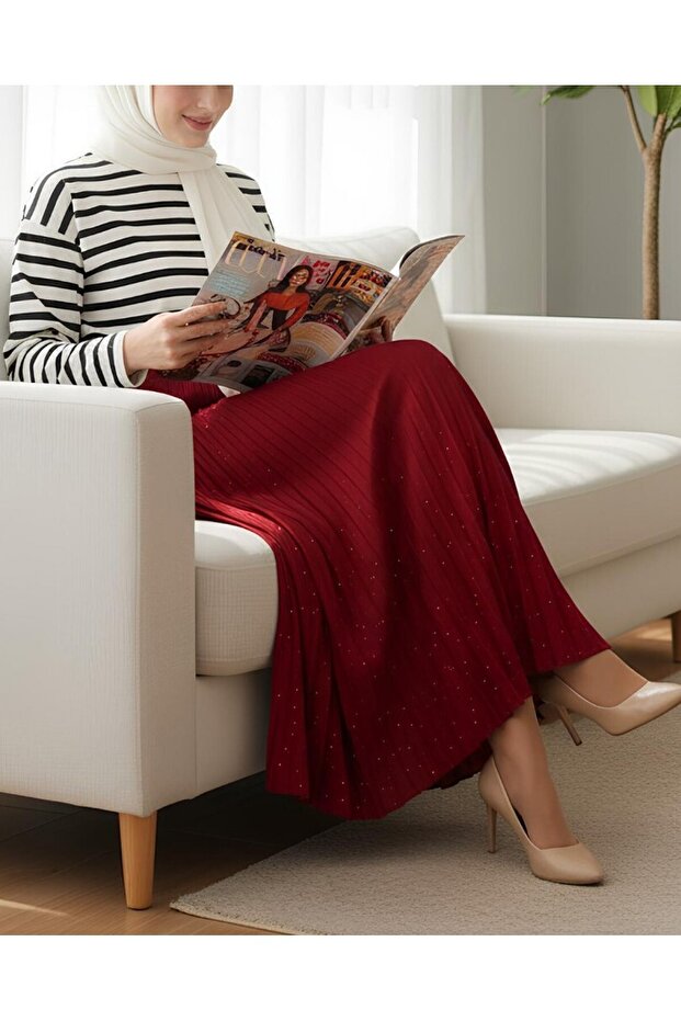 Taşlı Pliseli Etek -Kırmızı - 5