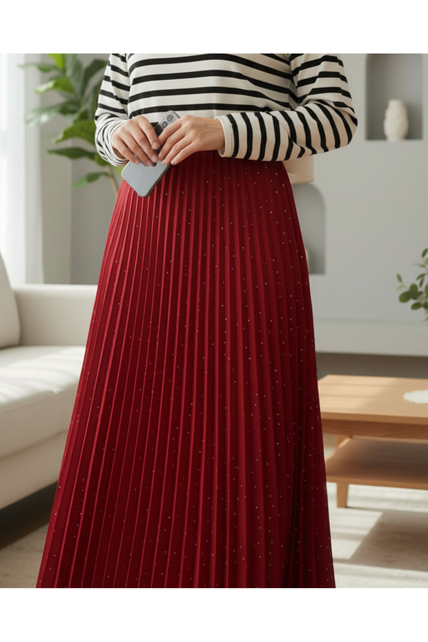 Taşlı Pliseli Etek -Kırmızı - 3