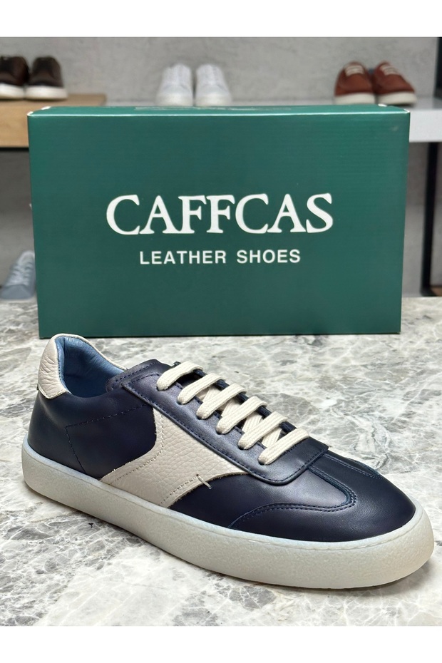 Genuine Leather Navy Blue Beige Combination Handmade Sneaker Men's Shoes 03-300
