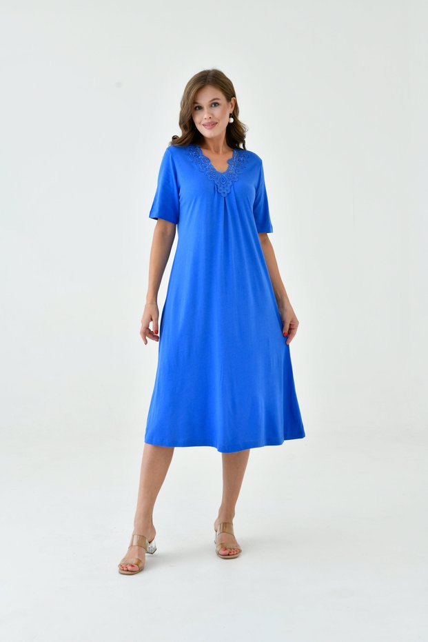 Women's Lace-Up Collar A-Line Half Sleeve Viscose Daily Midi Length Plus Size Dress Nightgown