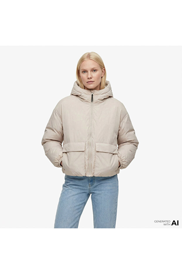 Classic Kadın Kapüşonlu Bej Mont - 1