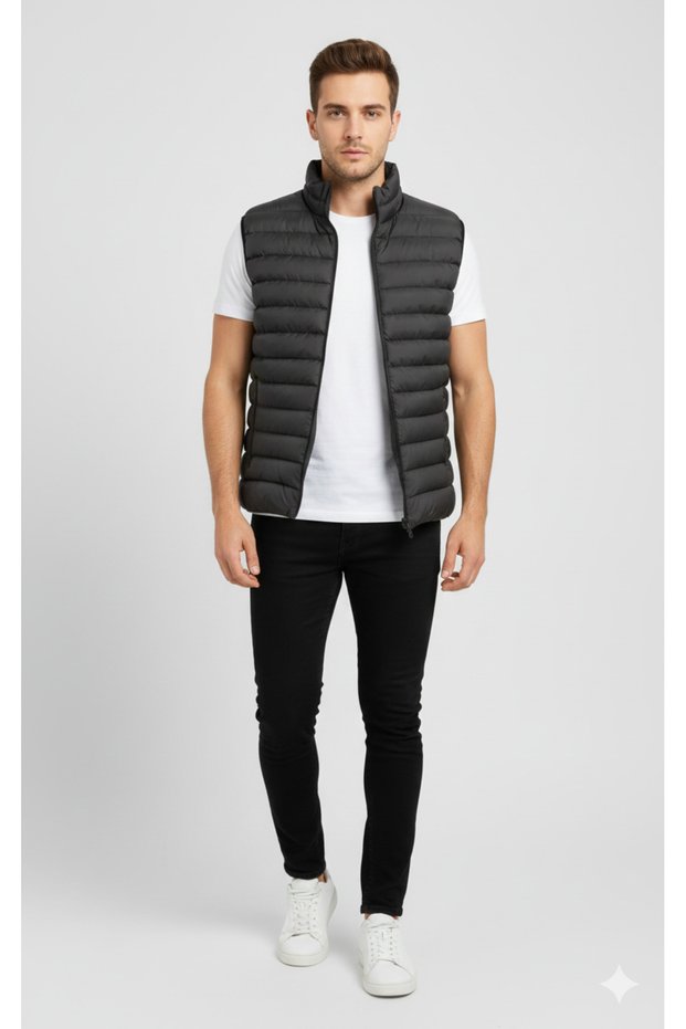Unisex Black Padded Sleeveless Puffer Vest with Zippered Pocket