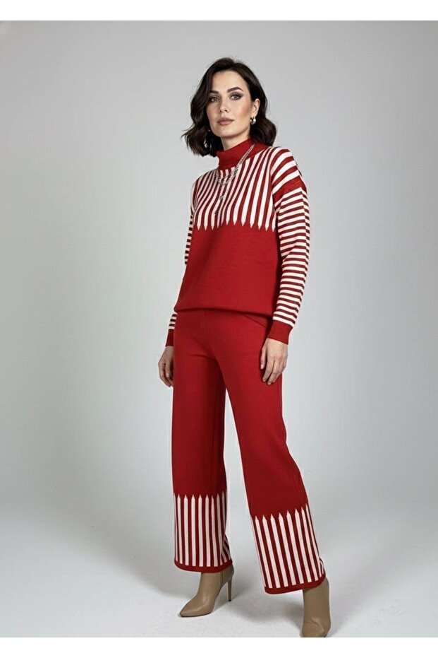 Women's Striped Detail Top and Bottom Pants Sweater Knit Set