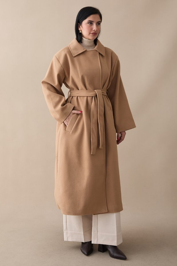 Camel Cashmere Coat with Lined Hidden Placket and Belt
