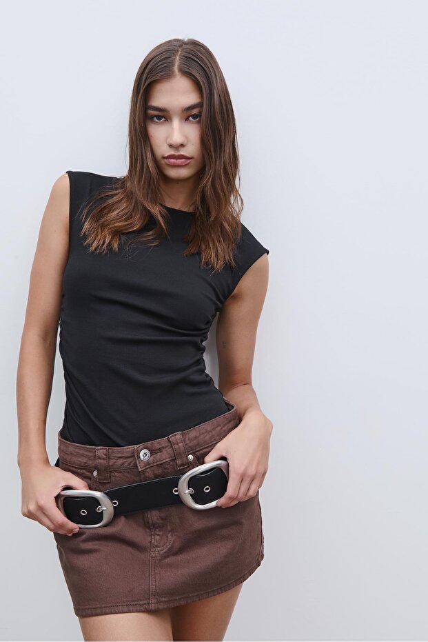 Büzgülü basic fitted t-shirt - 1