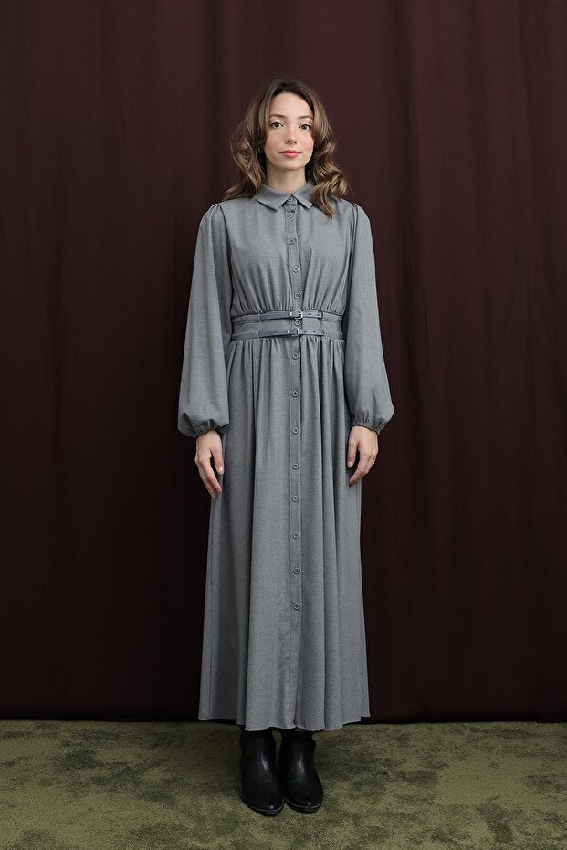 Kadın Çift Kemerli Elbise - 20700ELB - GREY - 3