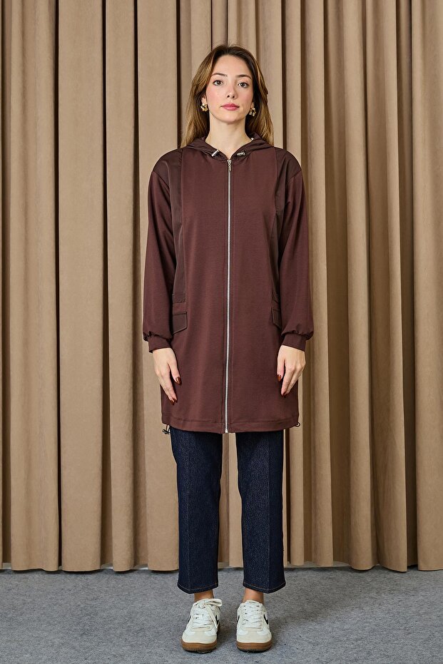 Kadın Kapüşonlu Basic Tunik - 10733TUN - BROWN - 3