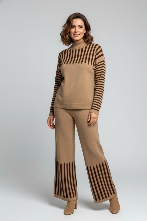Women's Striped Detail Top and Bottom Pants Sweater Knit Set