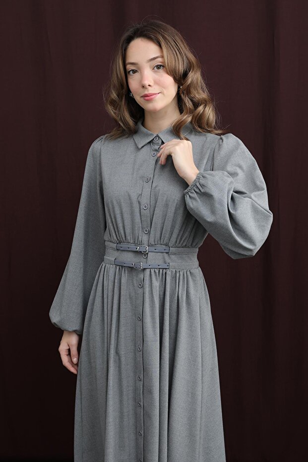 Kadın Çift Kemerli Elbise - 20700ELB - GREY - 2