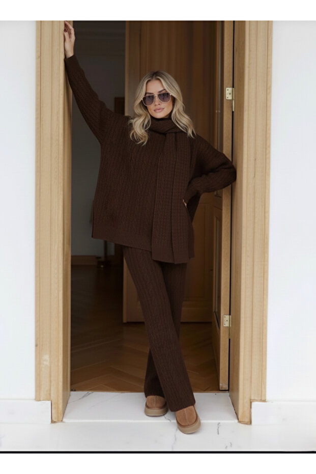 Brown Scarfed Cable-Knit Pants Set