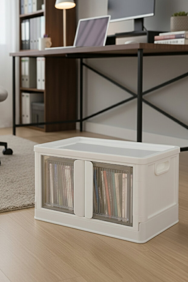 صندوق منظم بغطاء مزدوج قابل للتكديس باللون الأبيض - 2