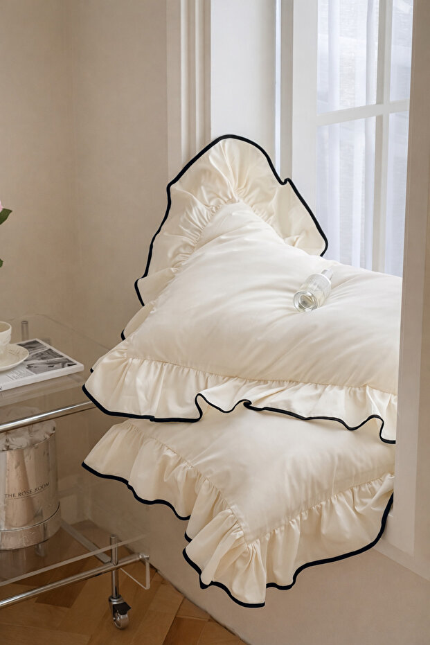 Ecru Cotton 2-Piece Ornate Stitched Ruffled Pillowcase Set 50X70 cm – Stylish and Durable