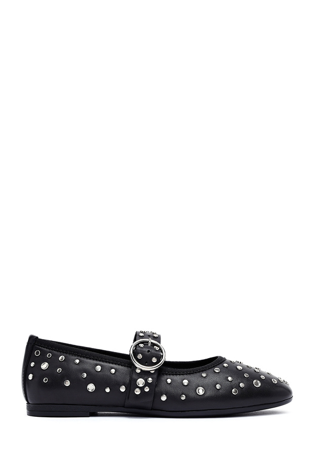 Women's Black Buckle Stone Genuine Leather Ballerinas, Summer Shoes 25Sfd270718