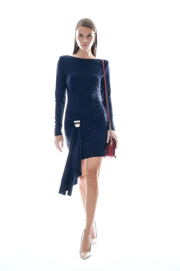 Drape Ve Kuşak Detaylı Elbise - 1