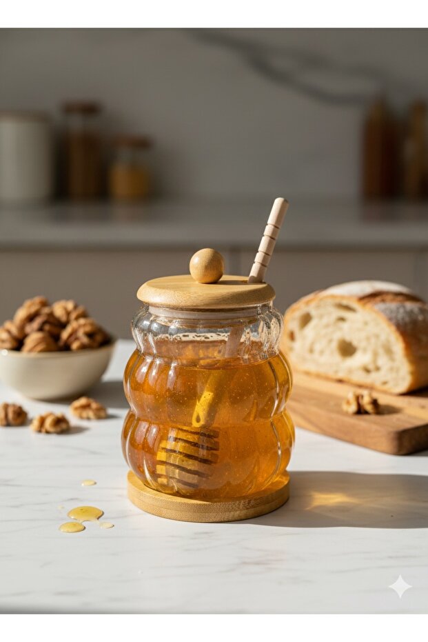 Modern Bambu Kapaklı Bambu Kaşıklı Cam Bal Kavanozu - 3