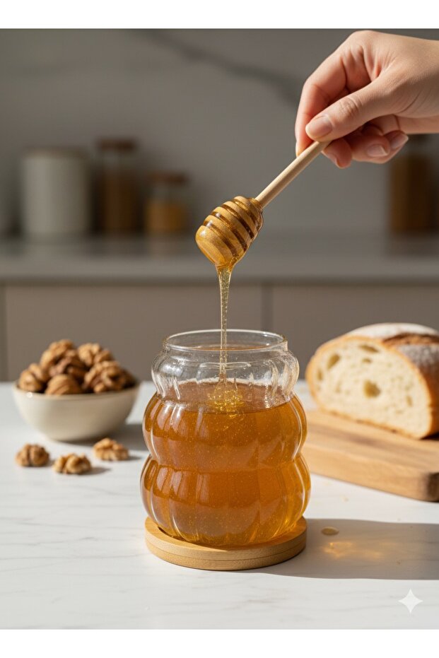 Modern Bambu Kapaklı Bambu Kaşıklı Cam Bal Kavanozu - 2