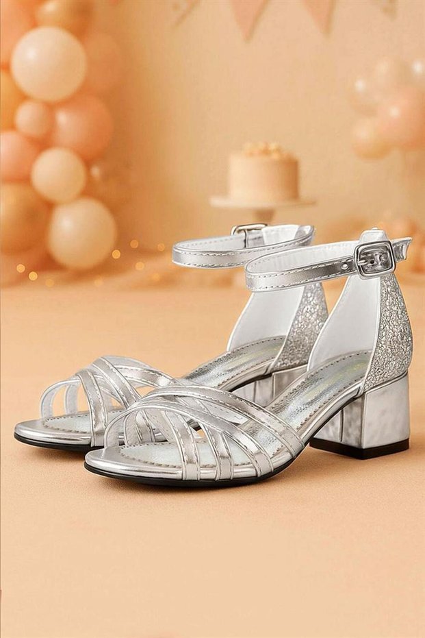 Belle Silver Thick Heeled Girls' Evening Dress Shoes