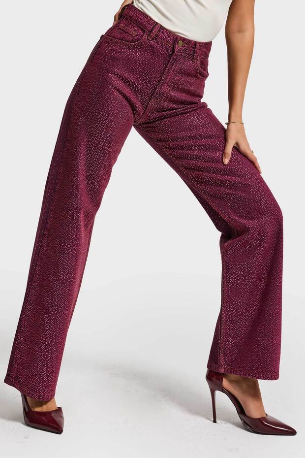 Women's Burgundy T3-20w5-98 Straight Fit High-Rise Front and Back Shiny Stone Special Design Denim Jeans