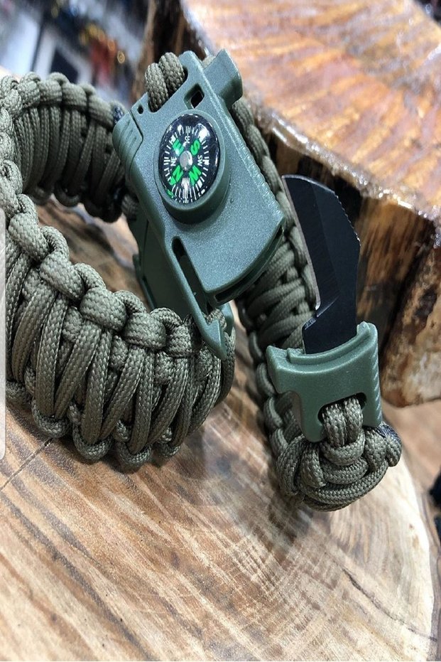 Men's Green Bracelet Knife Compass Fire Starter Magnesium and Warning Whistle