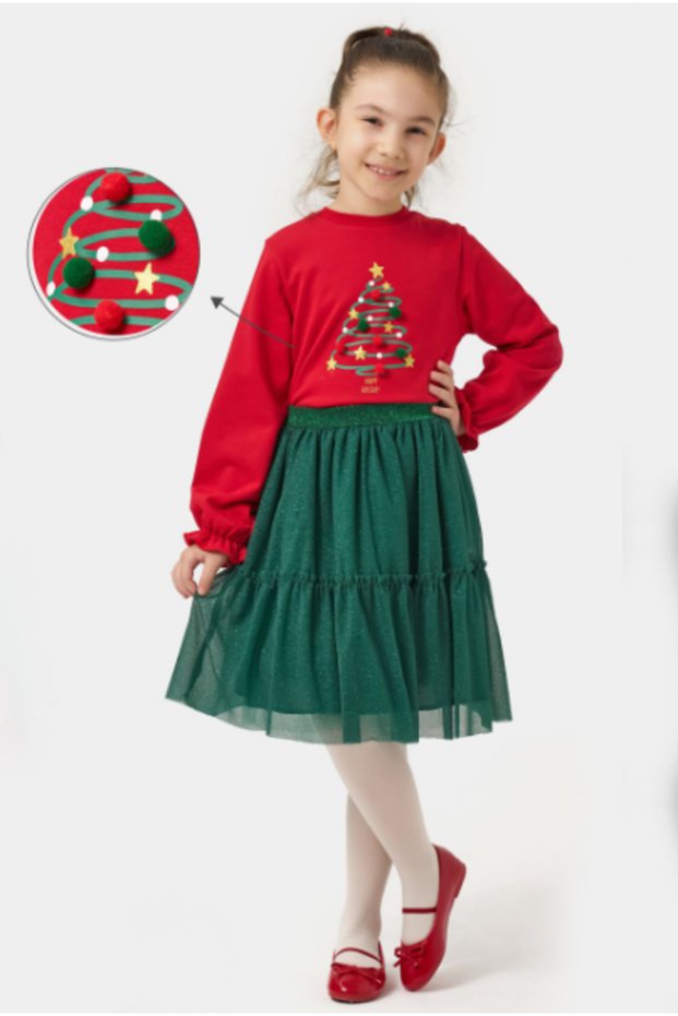 Girl's new year's set with pompom and glitter skirt nbk-24903