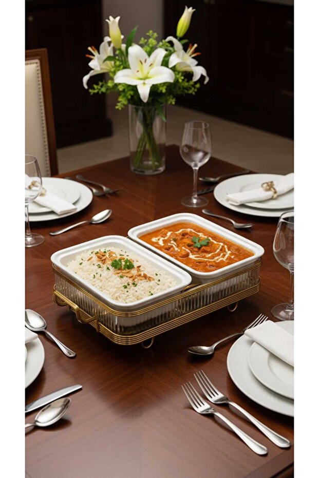 سخان بوفية صحن تقديم الطعام مستطيل ثنائي 12 سم بتصميم فريد وأنيق - 7