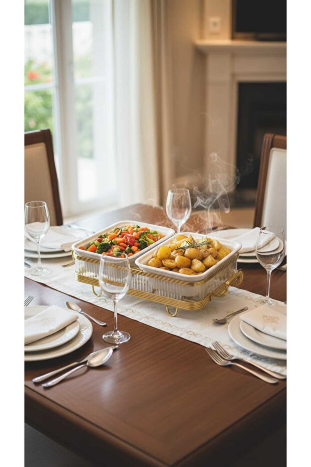 سخان بوفية صحن تقديم الطعام مستطيل ثنائي 12 سم بتصميم فريد وأنيق - 8