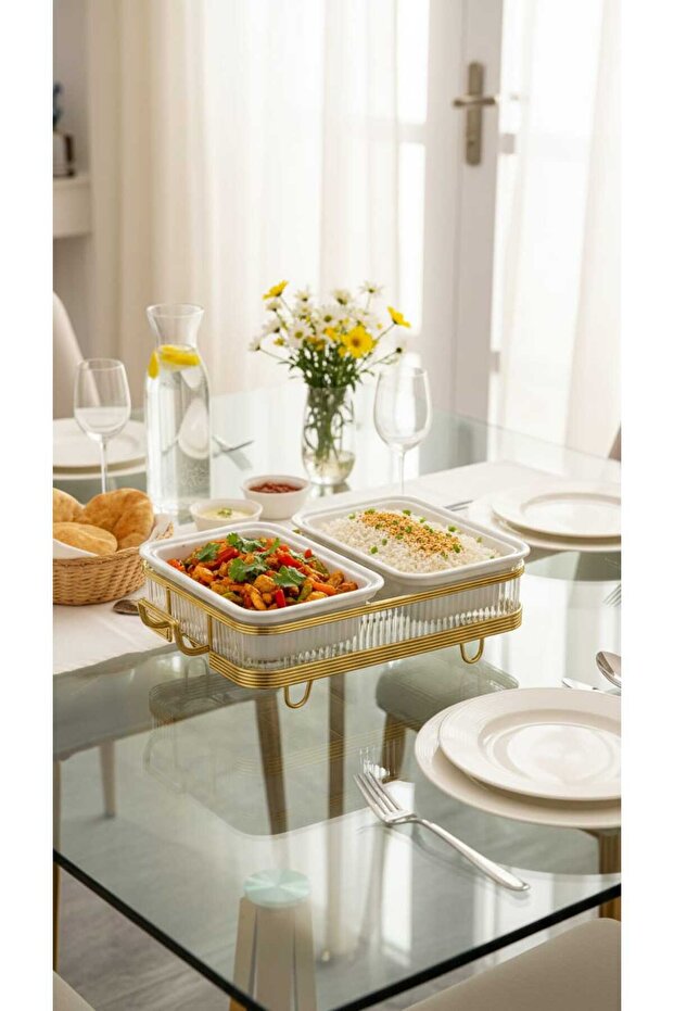 سخان بوفية صحن تقديم الطعام مستطيل ثنائي 12 سم بتصميم فريد وأنيق - 1