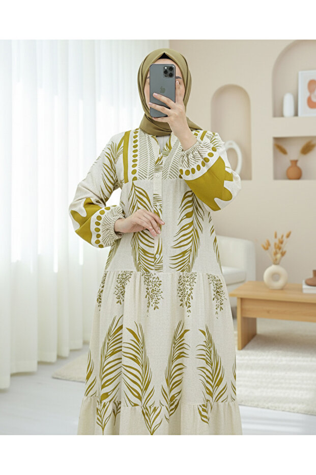 فستان بياقة واقفة ونصف أزرار بنمط أوراق الشجر - كريمي - 2