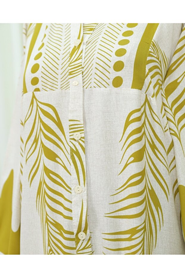 فستان بياقة واقفة ونصف أزرار بنمط أوراق الشجر - كريمي - 6