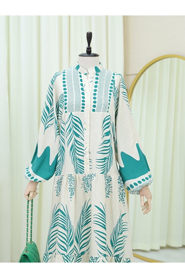 فستان بنمط أوراق الشجر ونصف أزرار وياقة واقفة - Forest Yş. - 8