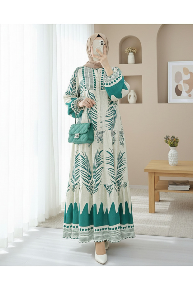 فستان بنمط أوراق الشجر ونصف أزرار وياقة واقفة - Forest Yş. - 2