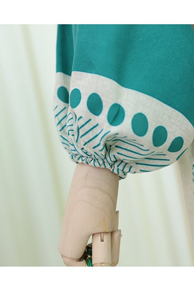 فستان بنمط أوراق الشجر ونصف أزرار وياقة واقفة - Forest Yş. - 6