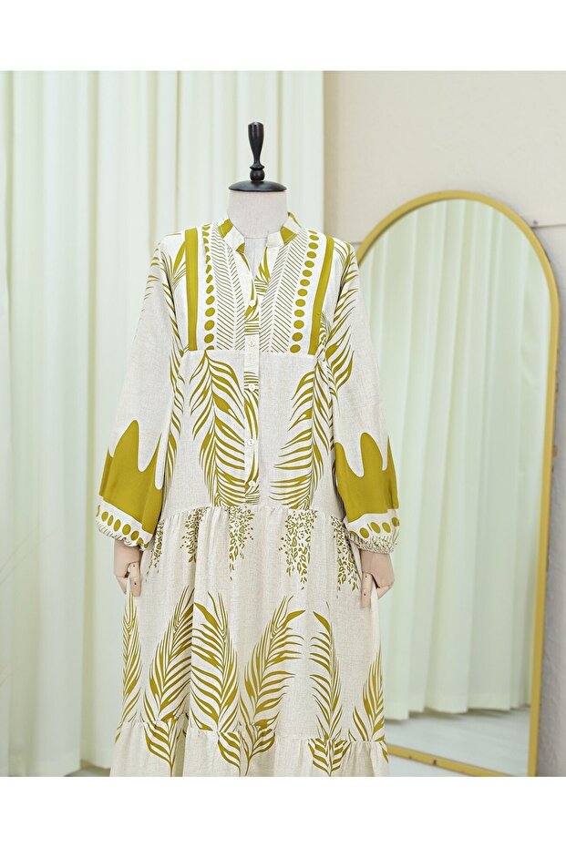 فستان بياقة واقفة ونصف أزرار بنمط أوراق الشجر - كريمي - 7