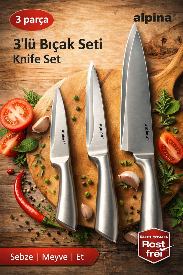 Paslanmaz Çelik 3lü Bıçak Seti - 1