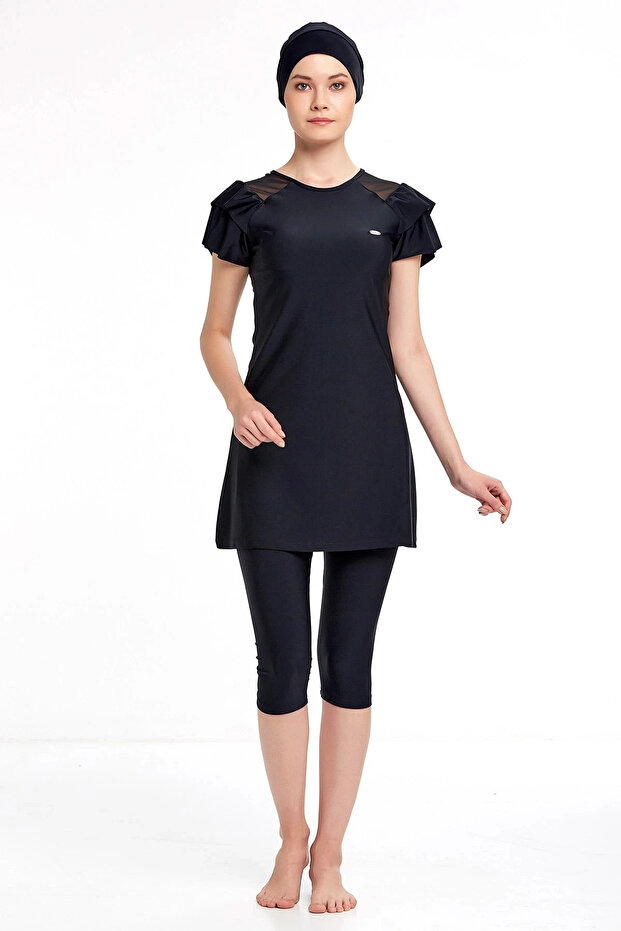 Half Sleeve Tights Swimsuit with Tulle Shoulders 3205