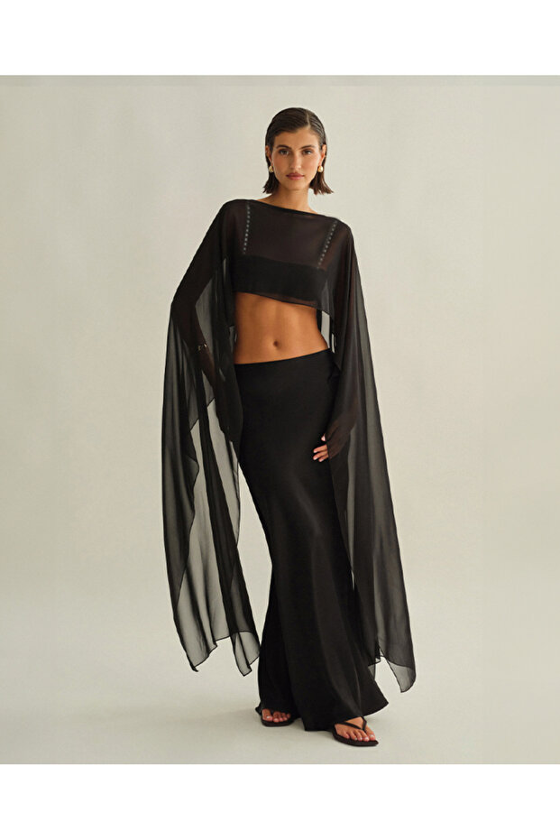 Lilbasic Şifon Siyah Panço İnci Askılı Crop - 1