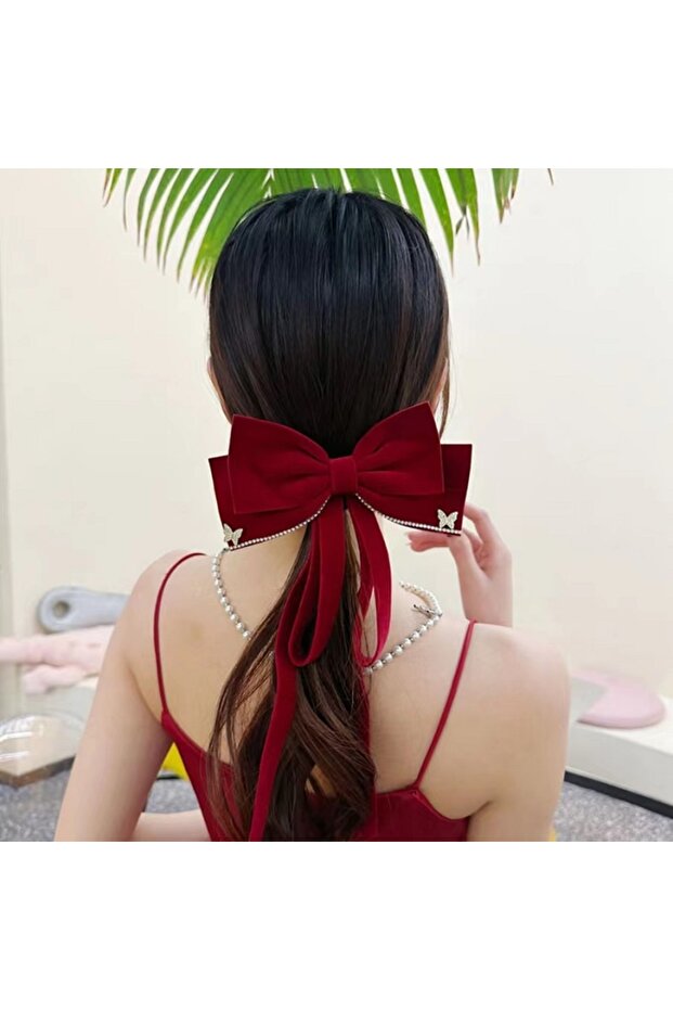 Butterfly Stone Detailed Burgundy Velvet Bow Hair Clip