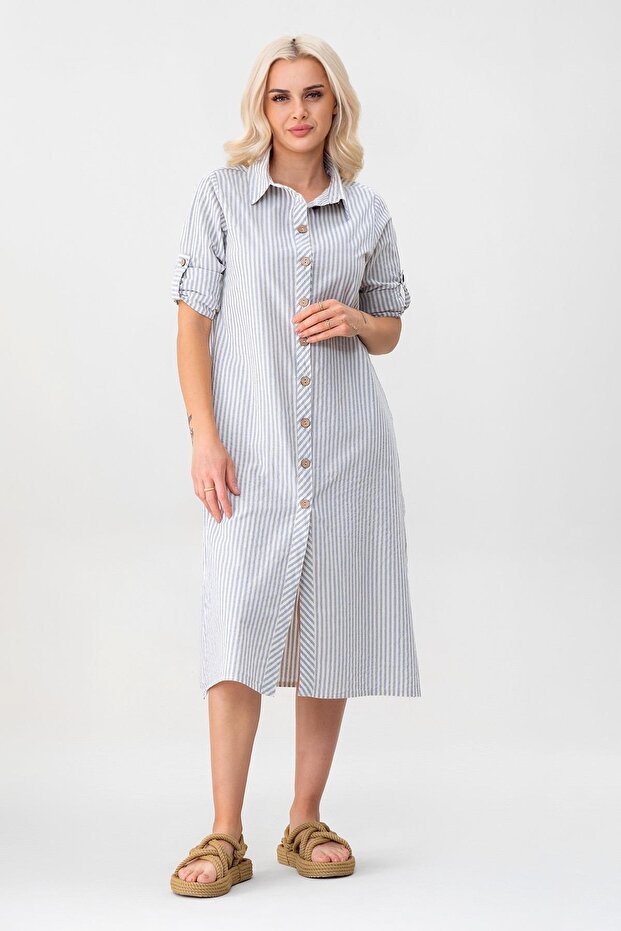 Women's striped cotton button-down shirt dress with pockets - blue & ecru