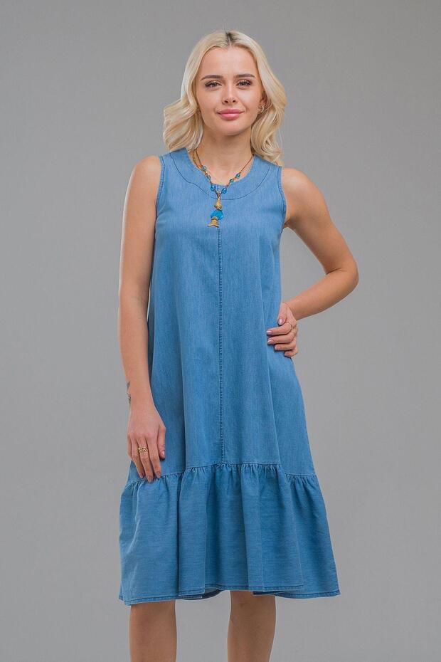 Women's Indigo Color Drawstring Pocket Sleeveless Denim Woven Dress