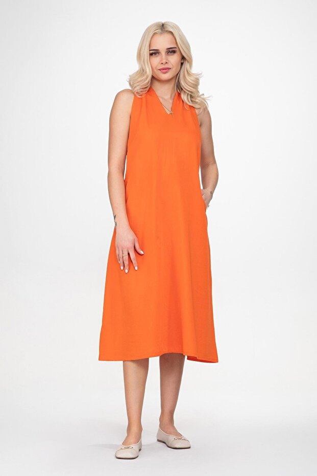 Women's V-Neck Pocketed Cotton Fabric Dress Orange