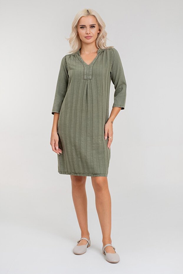Women's Pocketed 3/4 Sleeve Non-Stretch Front Corded Fabric Cotton Fabric Combination Cotton Woven Fabric Legendary Dress Angle