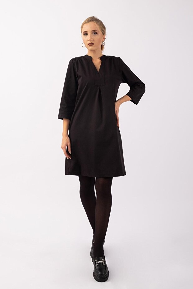 Women's Stretch Fabric Pocket Satin Fabric Dress - 3/4 Sleeve Black